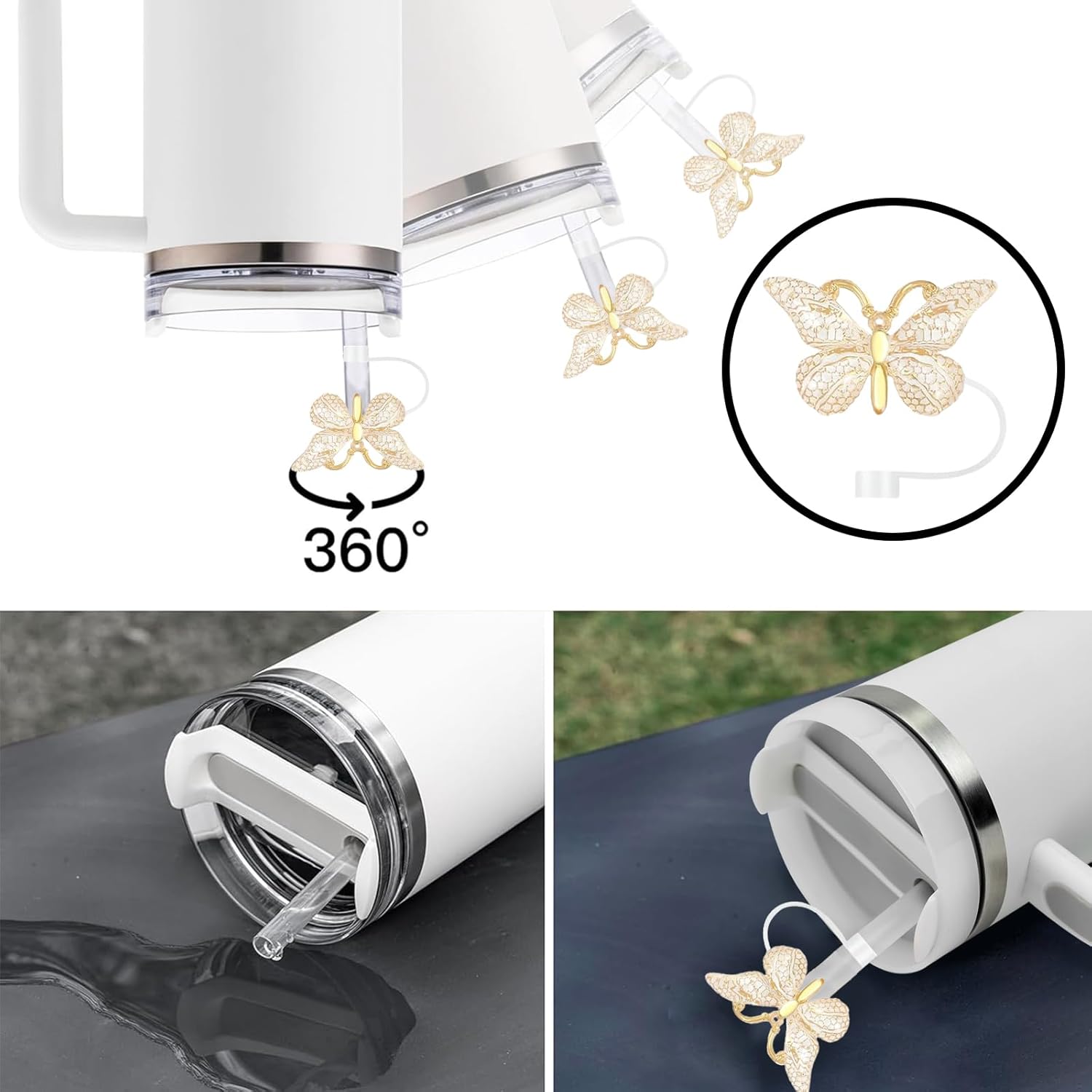 SEMATA 6PCS Cute Butterfly Straw Cover Cap for Stanley Cup Accessories,Bling Straw Toppers for Stanley Tumbler 40&30 oz,Reusable Straws Tips Protectors Compatible with 10mm Straws