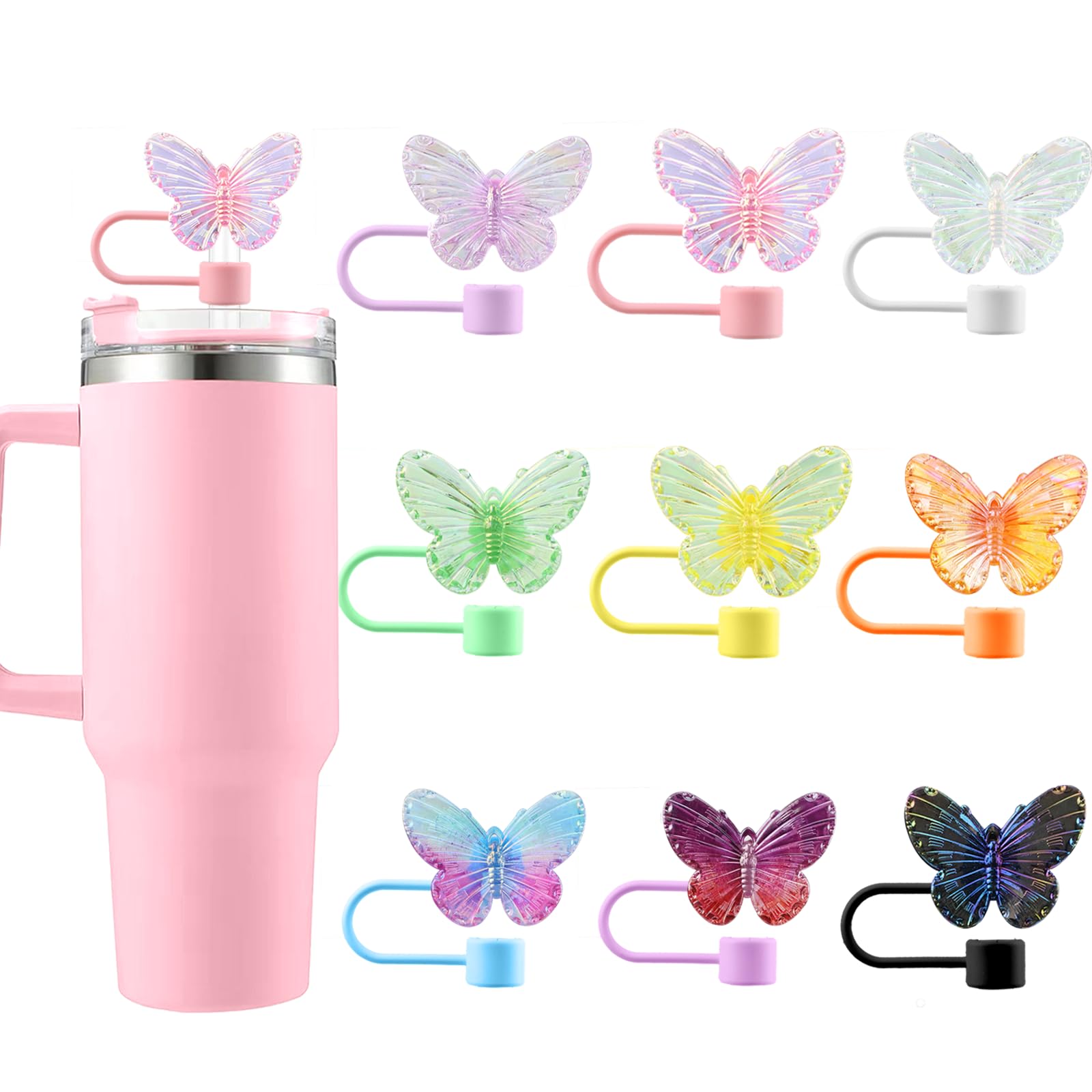 SEMATA 6PCS Cute Butterfly Straw Cover Cap for Stanley Cup Accessories,Bling Straw Toppers for Stanley Tumbler 40&30 oz,Reusable Straws Tips Protectors Compatible with 10mm Straws